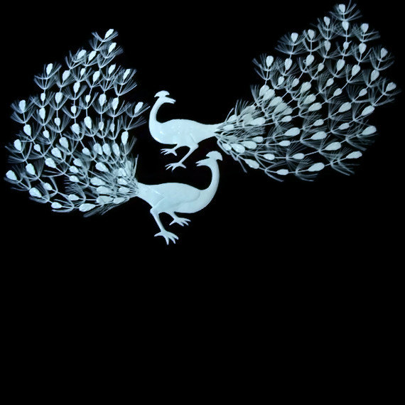 ON HOLD. 1960's Pair White Metal Peacock Wall Hanging/Sculpture