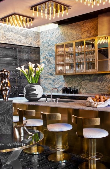 fab bar by Kelly Wearstler, photo by Grey Crawford/ brass upper cabinets and stools