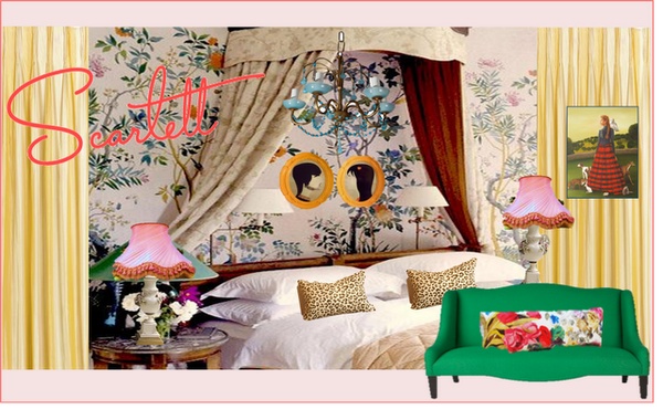 Inspiration for my daughter's room...kelly green settee, floral wallpaper, canopy bed, quirky art, vintage lamps