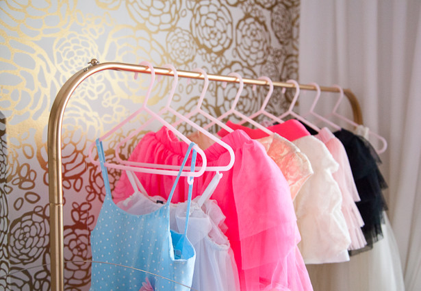 christine dovey pine girls room 3 clothes racks gold floral wallpaper hygge and west