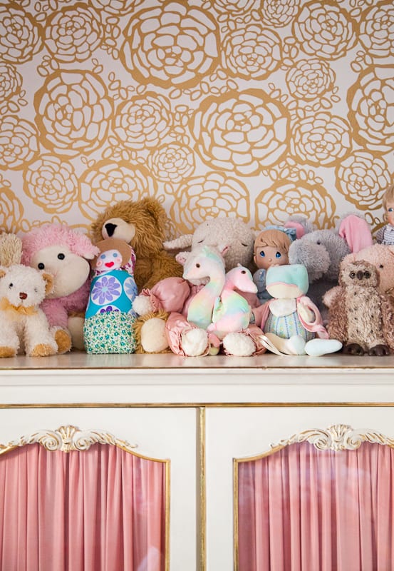 christine dovey pine girls room 6 vintage wardrobe gold hygge and west wallpaper stuffed animals dolls