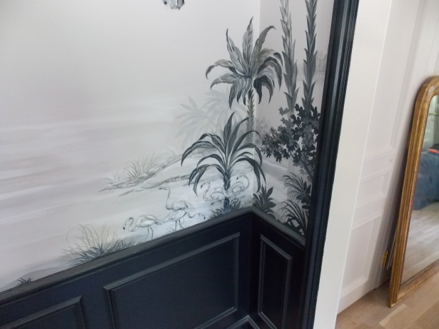 hand painted mural flamingos christine dovey style foyer project greenbay